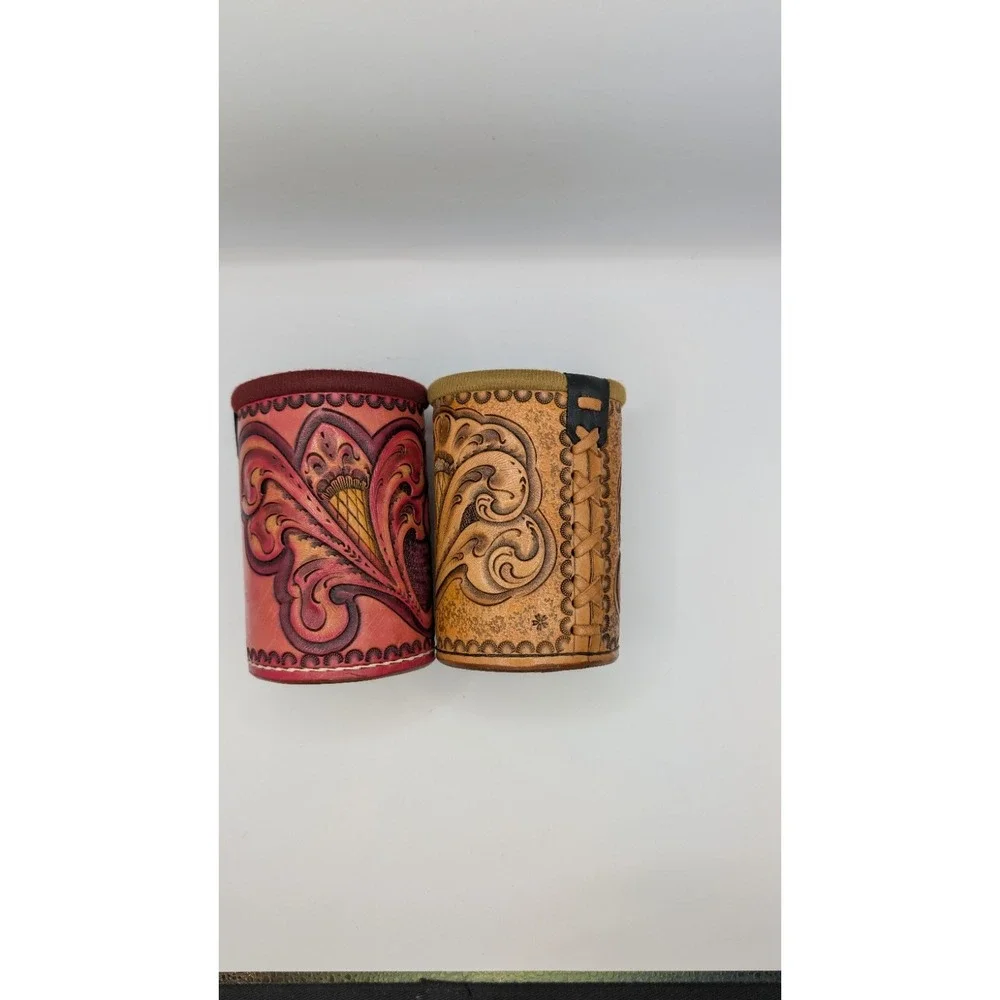 Vintage Hand Tooled Leather Can Koozies Set of 2 Western Floral Drink Cozies
